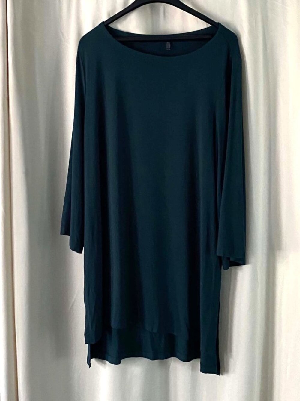 Eileen Fisher XL Forest Green Jersey Tunic Dress 3/4 Sleeve Stretch Minimalist